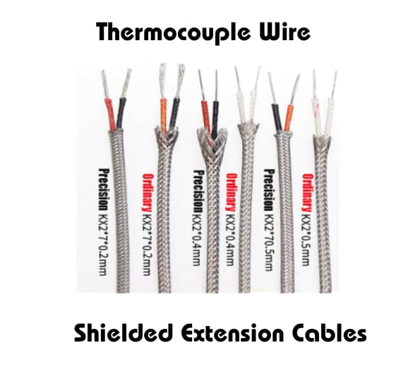 Thermocouple wire shielded extension cables, showing various types labeled as Precision and Ordinary with different specifications such as KX270.2mm, KX270.4mm, and KX27 0.5mm