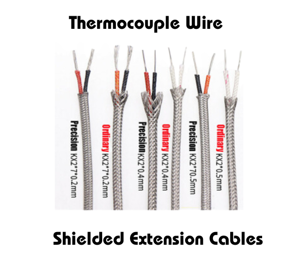 Thermocouple wire shielded extension cables, showing various types labeled as Precision and Ordinary with different specifications such as KX270.2mm, KX270.4mm, and KX27 0.5mm