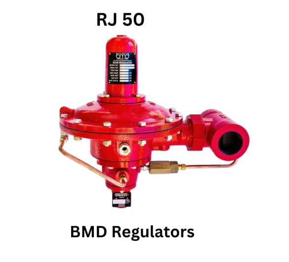 A red valve featuring 'BMD Regulators,' representing the RJ 50 Regulator by BMD