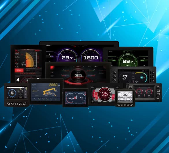 Various HMI displays showing different graphical user interfaces and data, suitable for industrial and vehicle applications.