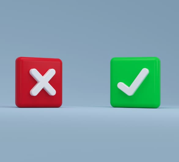 
The image features two prominent 3D icons against a plain, light blue background. On the left, there's a red square with rounded corners, containing a white X symbol. On the right, a green square with rounded corners holds a white checkmark. Both icons have a subtle shadow, giving them a slight lift from the background.