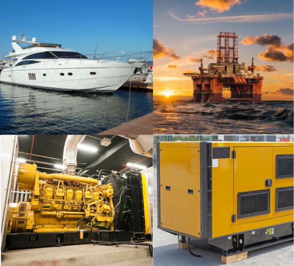 This quad-panel image highlights diverse applications of heavy-duty machinery. The top left shows a sleek white yacht moored in blue waters, while the top right features an offshore oil rig against a striking sunset. Below, the bottom left panel displays a large, intricate yellow industrial engine, and the bottom right presents an enclosed yellow power generator, illustrating a range of uses from marine vessels to energy production and industrial power solutions.