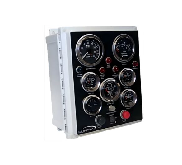Commercial marine engine monitoring panel with oil pressure, water temp gauges, and fault alarms