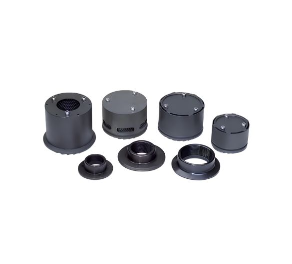 Assorted mufflers from Austart Genuine Parts & Accessories, featuring various sizes and designs of black mufflers arranged on a white background