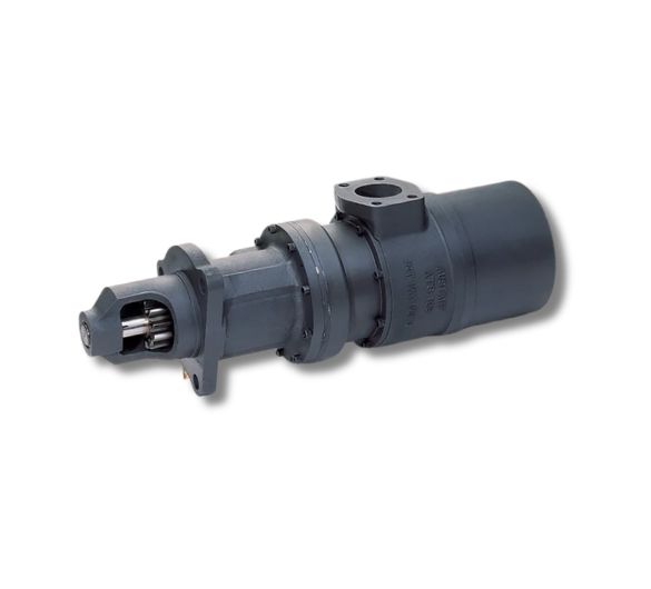 Austart ATS103 turbine air starter — heavy-duty compressed air pneumatic engine starting system with SAE 3 flange, pre-engaged piston drive, three-planet epicyclic gear reduction, and integrated muffler assembly for large diesel and gas engines