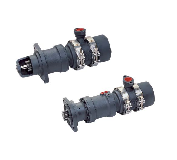Austart ATS63 and ATS64 turbine air starters — pneumatic compressed air engine starting system with SAE flange, planetary gear reduction, and integrated muffler assembly for heavy-duty diesel and gas engines