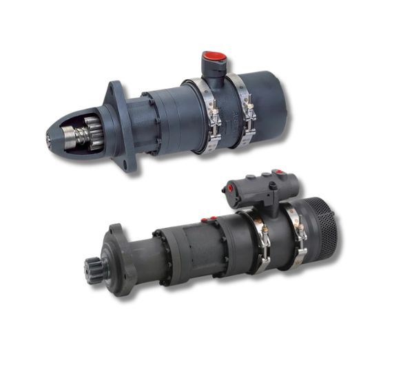 Austart ATS73 and ATS74 turbine air starters — compressed air pneumatic engine starting system with SAE 3 flange, three-planet epicyclic gear reduction, and integrated muffler for Cummins N14, Caterpillar 3306, and Detroit 12V71 diesel engines