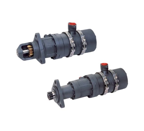 Austart ATS83 and ATS84 turbine air starters — compressed air pneumatic engine starting system with SAE 3 flange, planetary gear reduction, and integrated muffler for large-bore heavy-duty diesel and gas engines