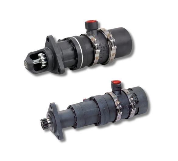 Austart ATS93 and ATS94 turbine air starters — high-output compressed air pneumatic engine starting system with SAE 3 flange, three-planet epicyclic gear reduction, and integrated muffler for heavy-duty diesel and gas engines