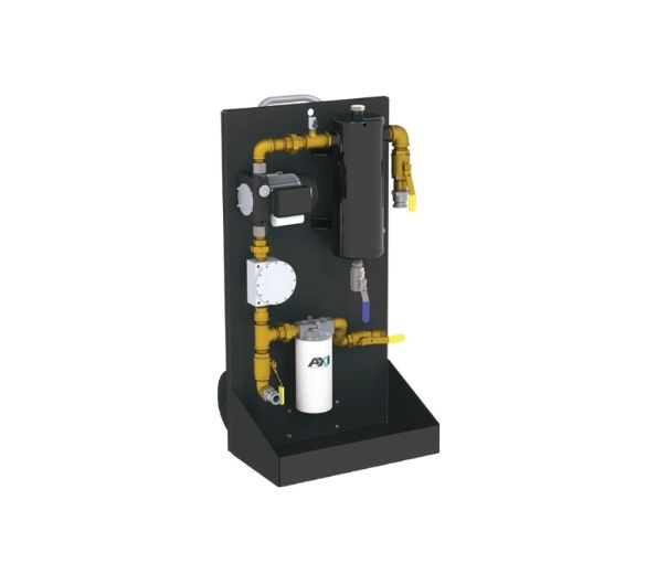 MTC-3000 mobile fuel polishing system — cart-mounted 26 GPM portable diesel tank cleaner with mechanical water separator, 3/4 HP rotary vane pump, LG-X 3000 inline magnetic conditioner, multi-stage fine filter with pressure gauge, 1.5-inch cam and groove inlet, and spill containment tray