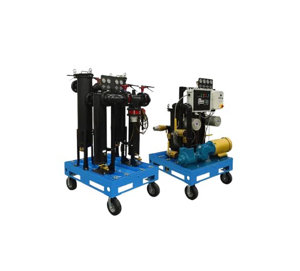 MTC HC-150 high capacity mobile fuel polishing system — dual-skid 10–150 GPM VFD-controlled diesel tank cleaner with bag filter vessel, dual mechanical water separators, magnetic fuel conditioners, cartridge fine filter vessels, and SFC80 smart filtration controller
