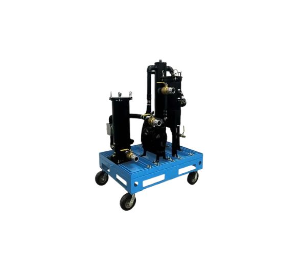 MTC HC-50 high capacity mobile fuel polishing system — skid-mounted 25–75 GPM air-powered diesel tank cleaner with bag filter vessel, mechanical water separator, magnetic fuel conditioner, cartridge fine filter, and optional SFC50 smart filtration controller