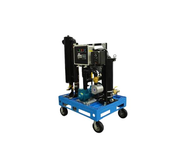 MTC HC-90 high capacity mobile fuel polishing system — skid-mounted 10–90 GPM VFD-controlled diesel tank cleaner with bag filter vessel, mechanical water separator, magnetic fuel conditioner, cartridge fine filter, and SFC70 smart filtration controller