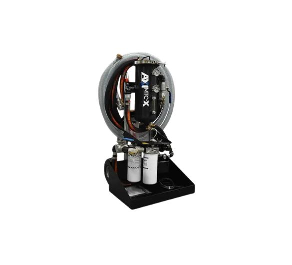 MTC-X mobile fuel polishing system — cart-mounted 26 GPM portable diesel tank cleaner with bag filter vessel, dual spin-on fine filters, 3/4 HP rotary vane pump, manual additive injection, locking cam and groove inlet, and integrated spill containment tray