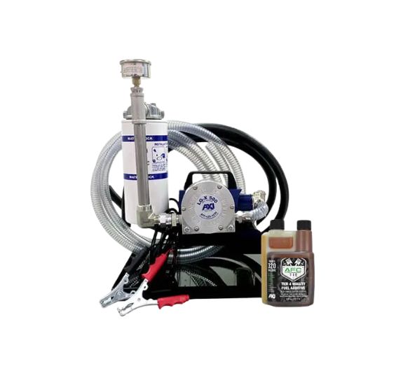 TK-240 XT mobile fuel polishing system — compact 12V portable unit with helical spur gear pump, 50-mesh T-strainer, LG-X 500 inline magnetic conditioner, dual-stage fine filter, pressure gauge, and spill containment tray for diesel and bio-fuel tank cleaning