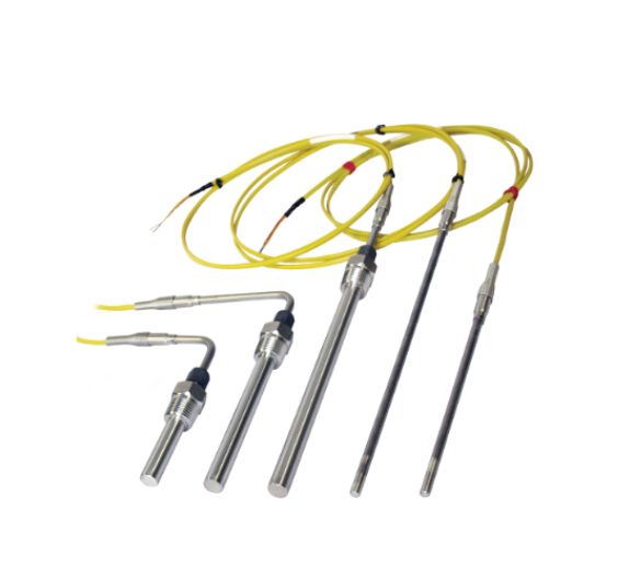 Type K stainless steel tube thermocouple with 1/4 inch 316 SS sheath, Bell Spring strain relief, 304SS thermowell and yellow Teflon extension wire for industrial temperature measurement