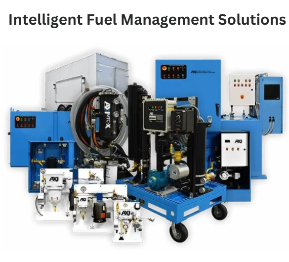 Intelligent Fuel Management Solutions showcasing various blue and white fuel management equipment and systems by AXI International, including pumps, filters, and control panels