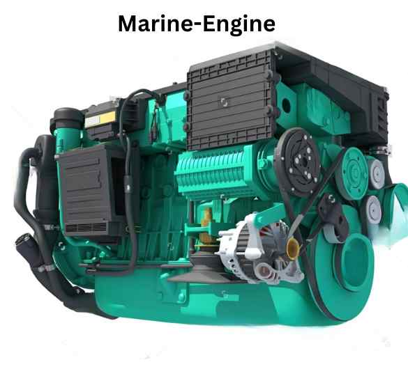 Image of a marine engine featuring the text 'Marine Engine' prominently displayed on its surface