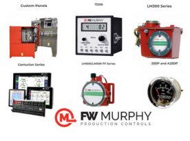 FW Murphy Production Controls product lineup featuring Custom Panels, TDX6, LM300 Series, Centurion Series, LM500/LM500-TF Series, 25DP and A25DP, gauge, and FW Murphy logo